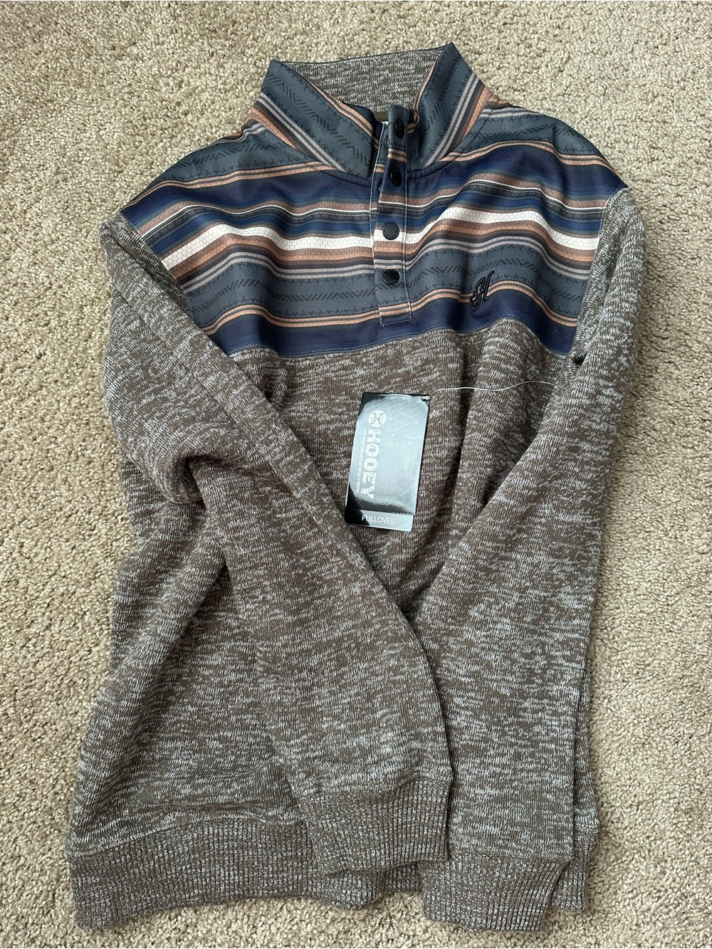 Hooey Brown Marled Zip-Neck Sweater with Navy Striped Yoke
